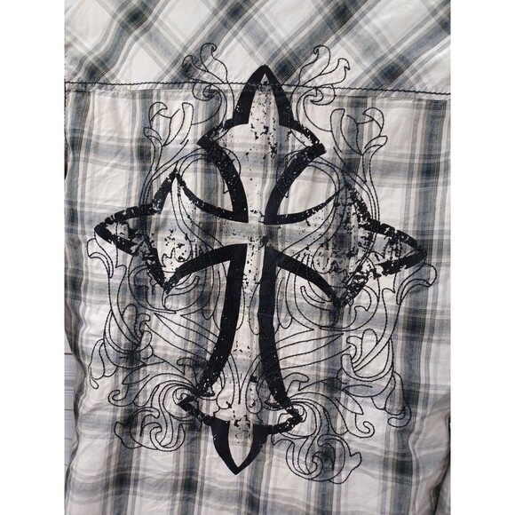 Mens Buckle BKE Shirt Black Label Thick Stitch Cross Embroidery Sz M Gray Plaid - Picture 4 of 11